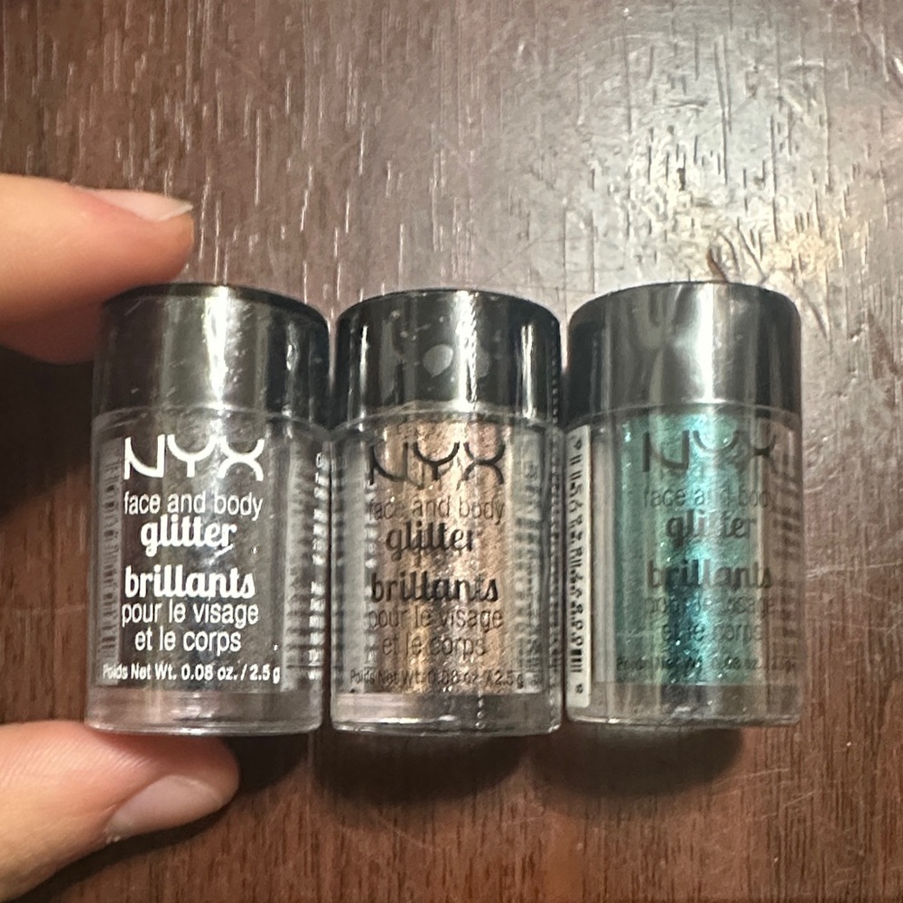 NYX Glitter Trio: Gunmetal, Bronze, and Teal Brand New Tightly Sealed No Box